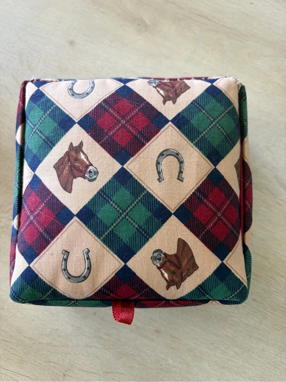 Plaid Equestrian Print Decorative Cushion Trinket Box- Red, Green, Navy